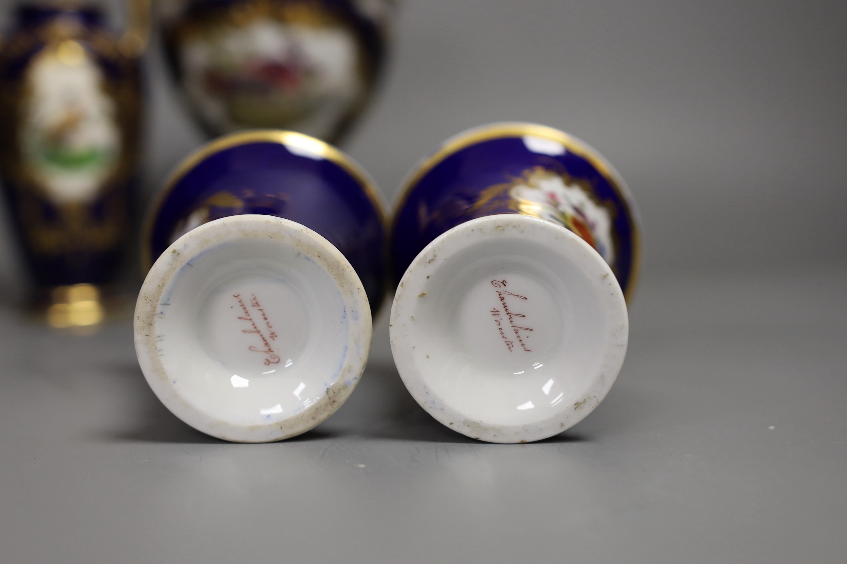 A selection of English china, to include a pair of Chamberlains Worcester spill vases, a Spode two handled vase, a Minton vase and a Derby dish, tallest 23cm, (5)